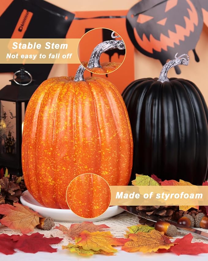 vensovo 2PCS 8 Inch Plastic Pumpkins for Decorating - Black & Orange Large Artificial Foam Pumpkins for Fall Decor, Halloween, Thanksgiving, Paintable for DIY Crafts & Centerpieces