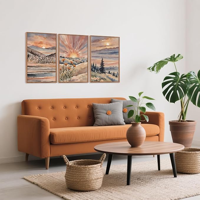 CHDITB Boho Sun Canvas Wall Art Set, Sunrise and Sunset Mountain Wall Decor, Watercolor Mountains Landscape Art Prints, Vintage Floral Nature Paintings for Living Room, Bedroom, Office - 16"x24"x3