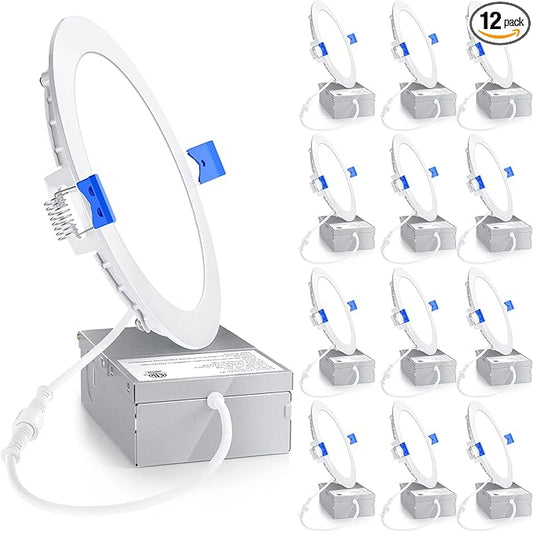 Ensenior 12 Pack 6 Inch LED Recessed Light, Dimmable, 4000K Cool White, 1200LM High Brightness, 12W 120V, Damp Rated, Ultra-Thin Canless Wafer Ceiling Light - ETL & FCC & IC