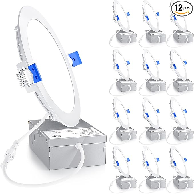 Ensenior 12 Pack 6 Inch LED Recessed Light, Dimmable, 3000K Warm White, 1200LM High Brightness, 12W 120V, Damp Rated, Ultra-Thin Canless Wafer Ceiling Light - ETL & FCC & IC