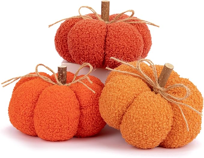 6" Fake Fall Pumpkin Decorations for Home, 3 Pcs Artificial Big Fabric Pumpkins Autumn Decor Faux Pumpkins for Decorating, Fall Wedding Table Centerpiece Mantel Harvest Decor, Halloween, Thanksgiving