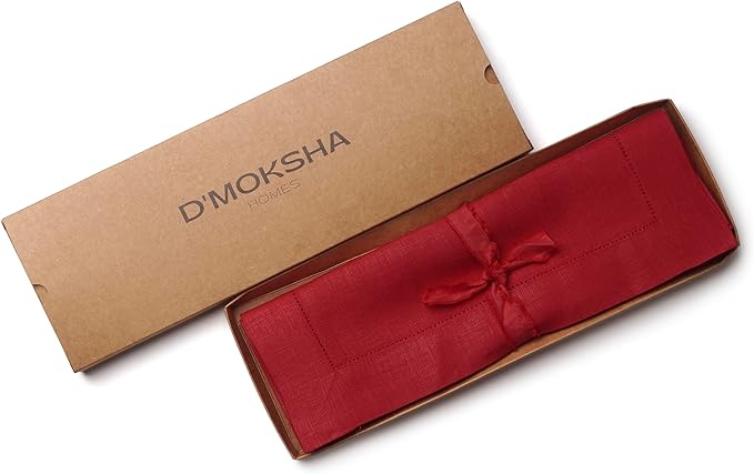 D'Moksha Homes Red Linen Placemats Set of 6 - Classic Hemstitch Placemats 14 x 19 Inch - 100% Pure Linen Table Mats for Fall, Autumn and Halloween - Handcrafted and Machine Washable