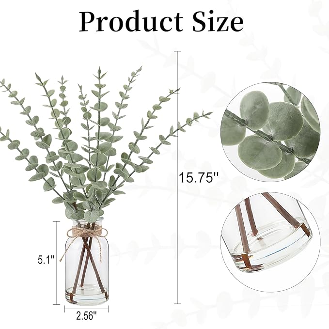 Artificial Eucalyptus Stems in Glass Vase with Faux Water，15.75" Fake Plants for Home Decor, Coffee Table Centerpieces, Office, Bathroom & Farmhouse Weddings - Faux Greenery Plants Decorations