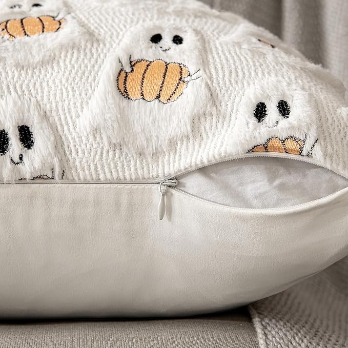 MIULEE Halloween Pillow Covers Decorative Fall Cute Ghost Plush Faux Fur Pillows 20x20 Inch Set of 2 Soft Pumpkin Accents for Sofa Couch Bed Living Room Festive Home Decor, White Orange
