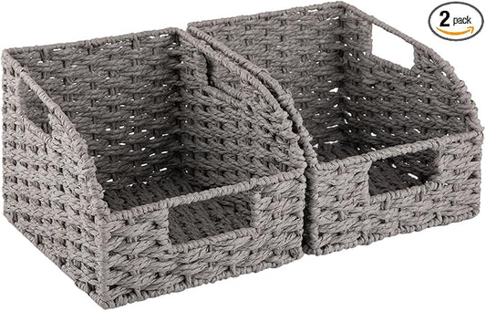 OIAHOMY Pantry Baskets for Organizing, Paper Rope Baskets with Built-in Handles, Wicker Storage Bins for Shelves, 2 Pack-Grey