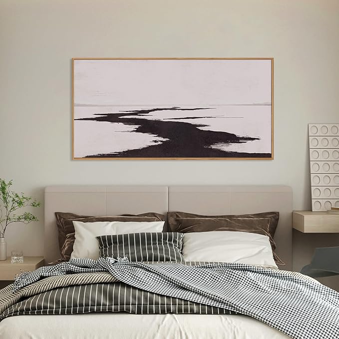 KAIRNE Abstract Neutral lake Framed Wall Art Set, Neutral Shape Wall Painting, Abstract Black and Grey Landscape Wall Decor, Modern Watercolor Art Print for Living Room, Bedroom, Office - 20"x40"