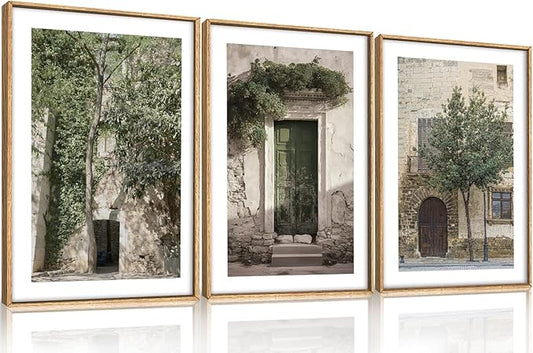 HOURIA Large Vintage Italy City Landscape Framed Canvas Wall Art Set,Green Olive Tree Old House Wall Decor,Malta Modern Minimalist Country Farmhouse Art Print for Living Room,Bedroom,Office-16 x24 x3