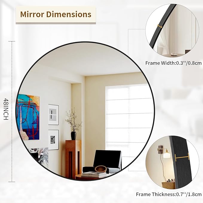 BEAUTYPEAK 48 Inch Round Mirror, Metal Frame Circle Mirror, Wall Mounted for Entryway, Bathroom, Vanity, Living Room, Black