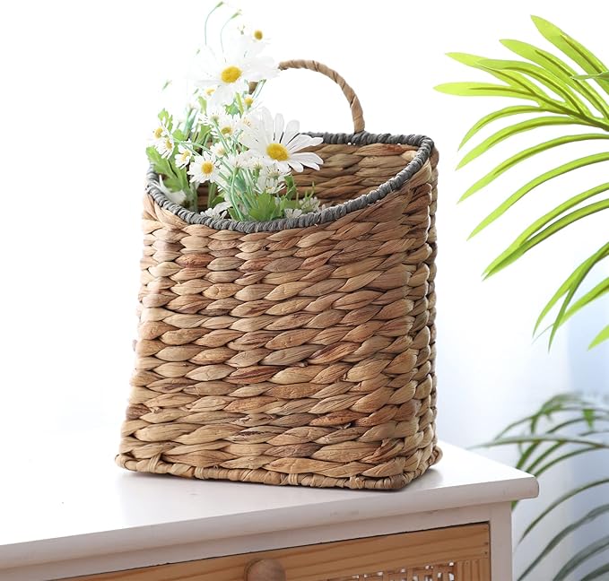 GYASVWU Woven Hanging Basket Water Hyacinth Hanging Wall Basket Wicker Handmade Baskets for Garden Farmhouse Home (Paper rope mouth)