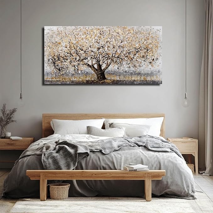 CHUDANHAO Abstract Grey Graffiti Wall Decor Big Tree Painting Gold Photo Prints Modern Canvas Art for Dining Room Bedroom 24"x48" Gallery Wall Art