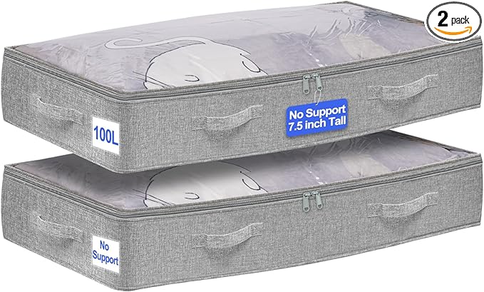punemi Extra Large Under Bed Storage Containers (Non-Rigid) - 2-Pack, 20x40x7.5in Tall Storage Bins with Clear Lids - Ideal for Blankets, Comforters & Clothes - Long Storage for College Dorm Rooms