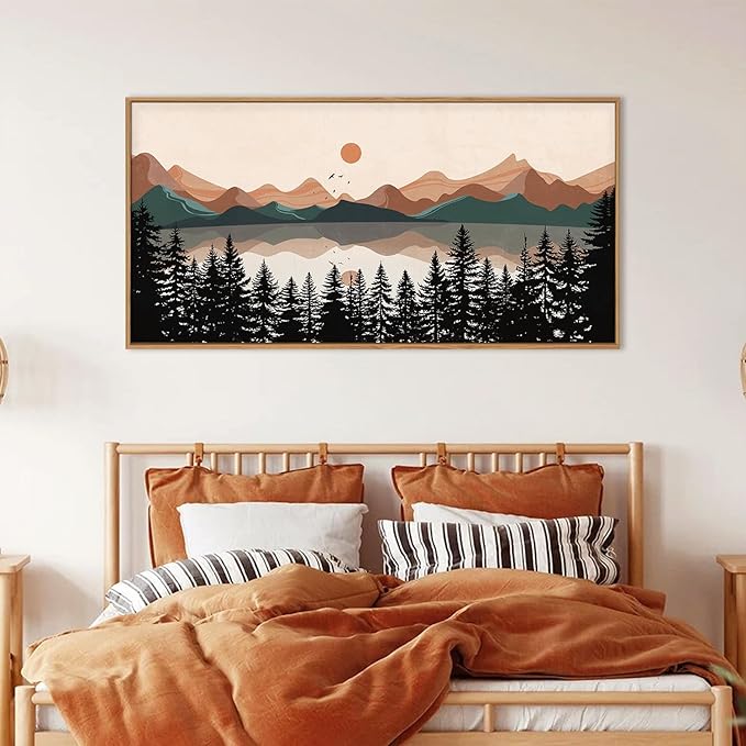 KAIRNE Mountain Framed Canvas Wall Art, Mid Century Modern Decor, Boho Wall Art Painting, Lake Pines Tree Sunset Nature Landscape Art Print for Living Room, Bedroom, Office, Dining Room- 20"x40"x1