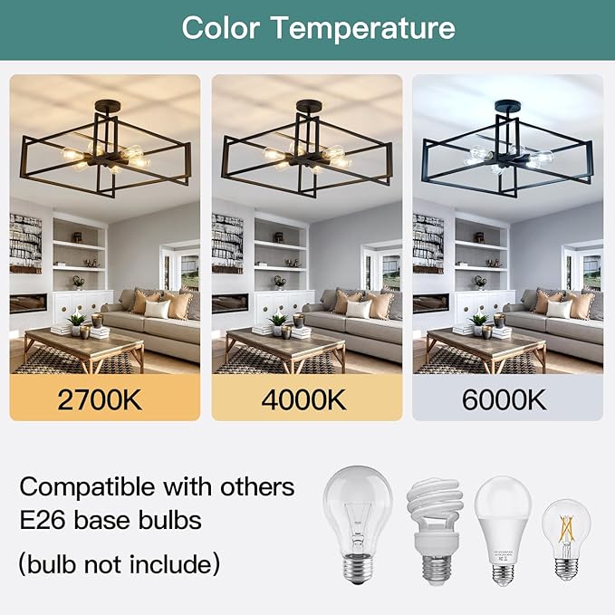 ZGLAOJT 6-Lights Close to Ceiling Light 22.83 Inch Black Light Fixture Industrial Flush Mount Ceiling Large Farmhouse Chandelier Lighting for Kitchen Island Dining Room Bedroom Foyer Hallway