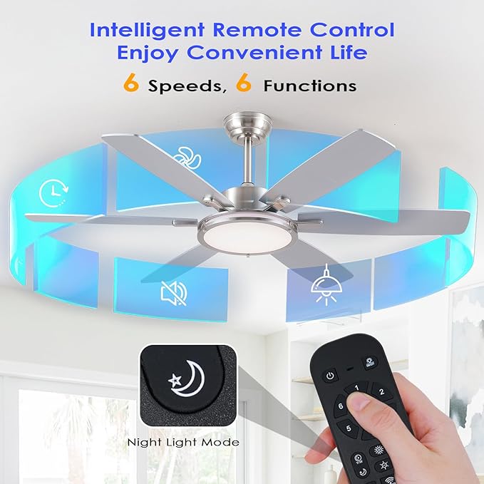 Ceiling Fans with Lights and Remote/APP Control, 52 Inch Flush Mount Ceiling Fan,11in 30W LED Ceiling Light, 3CCT, Quiet DC Motor Ceiling Fans for bedroom,Kitchen Brushed Nickel