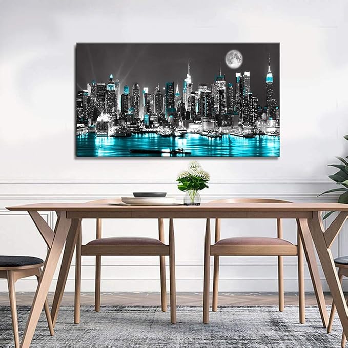 Canvas Wall Art Blue sea New York Paintings Wall Art,Black and White Stretched Wall Art for Bedroom Artwork Canvas Art Prints, 20"x40"Wall Decoration Painting Bedroom Wall Decor Office, Ready to Hang