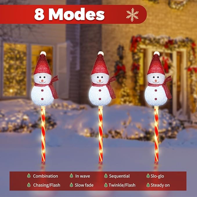 Set of 3 Snowman Solar Christmas Decorations, 8 Modes Solar Garden Lights, Candy Cane Christmas Stake Light, Outdoor Xmas Decor for Yard, Patio, Pathway (White)