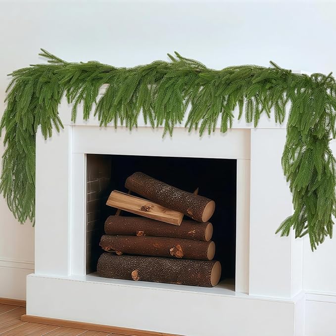 LVZHIYUAN 2 Pcs 6FT Christmas Garland,Christmas Decorations,Real Touch Norfolk Pine Garland,Green Faux Greenery Garland for Mantle Fireplace Door Table Wall Upstairs Indoor Outdoor Holiday Xmas Decor