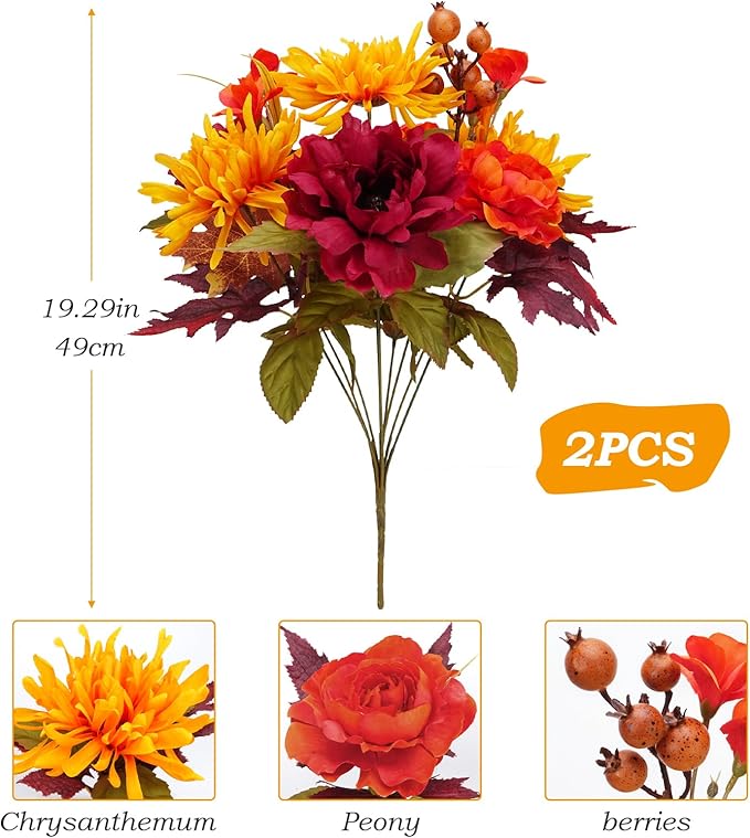 2 Bundles Artificial Fall Flowers Mixed Bush Artificial Chrysanthemum with Fake Roses Autumn Faux Flowers for Cemetery Grave Home Office Wedding Floral Arrangements Decor (19.29")