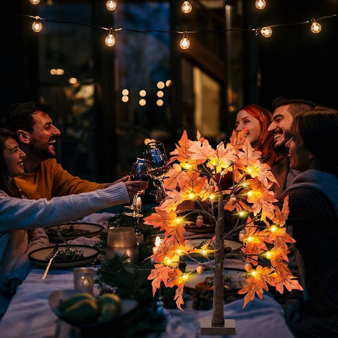 Fall Maple Leaf Table Lighted Tree - Thanksgiving Decorations 2 Pack Home Decor with 48 LED Lights for Indoor Outdoor Room Decoration Artificial Harvest Autumn Trees Battery Operated for Home Party