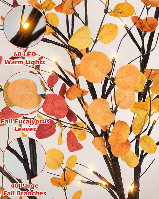 8FT Fall Lighted Eucalyptus Tree with 160 Led Lights Artificial Fall Light Up Tree Large Fake Autumn Tree Lights for Indoor Outdoor Fall Home Thanksgiving Christmas Decor
