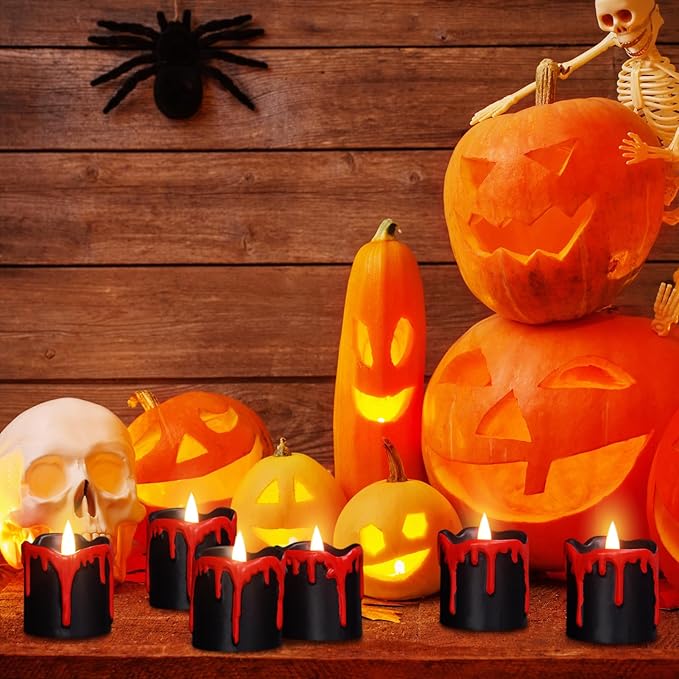 Eldnacele Black Votive Flameless Candles Battery Operated with Timer, 300+ Hour Blood Dripping Wax Tea Lights Flickering Electric LED Candles Fall Dinner Decor Spooky Halloween Lights(6Pcs,2"×2.2")