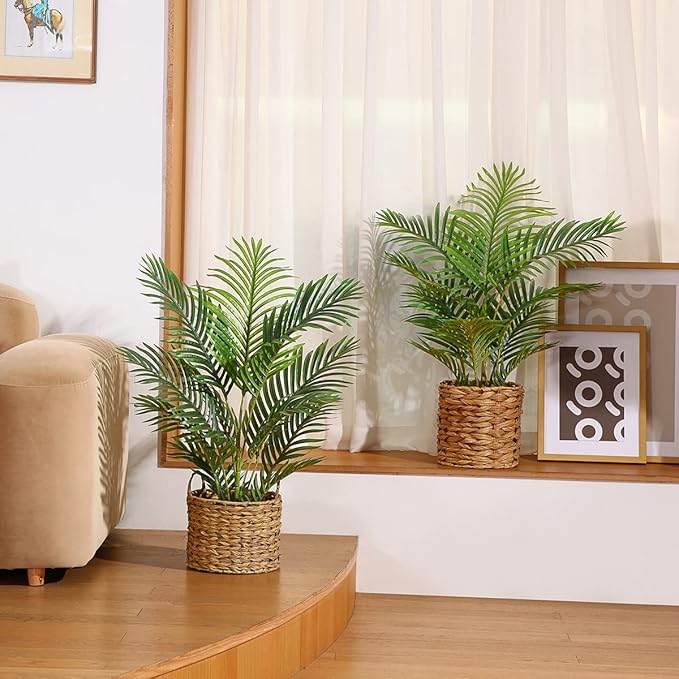 LOMANTO Fake Majesty Palm Plant 3Ft Artificial Plants for Home Decor Indoor Small Faux Trees in Pot Fake Tropical Plants for Housewarming Gift 2Pack