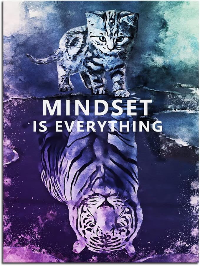 Inspirational Wall Art Posters Big Tiger Pictures Small Cat Canvas Painting Mindset is Everything Print Poster Artwork Wooden Home Decor for Living Room Gym Office Framed Ready to Hang[18" W x 24"H]