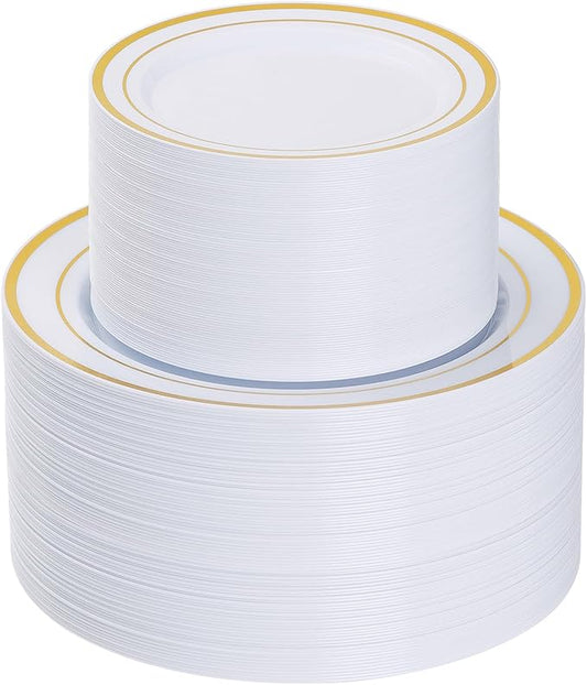 Goodluck 200PCS Gold Plastic Plates, Heavy Duty Disposable Gold Plates with 100 10.25 inch Dinner Plates and 100 7.5 inch Dessert Plates for Party, Holiday, Wedding, Thanksgiving