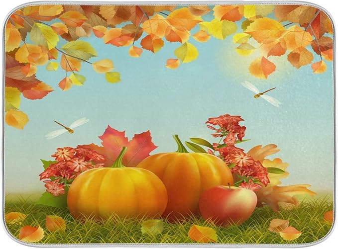 Autumn Thanksgiving Day Pumpkins Maple Dish Drying Mat for Kitchen Counter 16 x 18 Inch Flowers Dragonfly Leaves Dry Dishes Pads Mats Absorbent Countertops Counter Tableware Mat Protector Home Decor