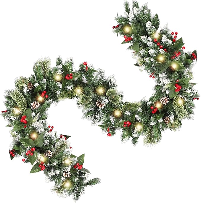6ft Christmas Garland with Lights,Lighted Artificial Flowering Pine Garland for Mantle,Prelit Faux Green Christmas Winter Garland with Pine Cones and Red Berry for Indoor Outdoor Decor
