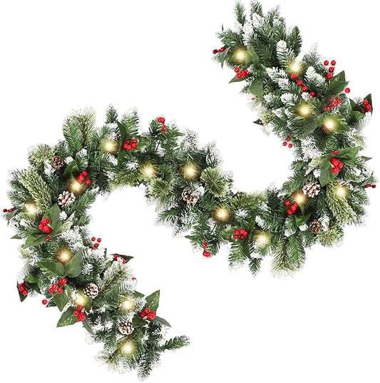 6ft Christmas Garland with Lights,Lighted Artificial Flowering Pine Garland for Mantle,Prelit Faux Green Christmas Winter Garland with Pine Cones and Red Berry for Indoor Outdoor Decor