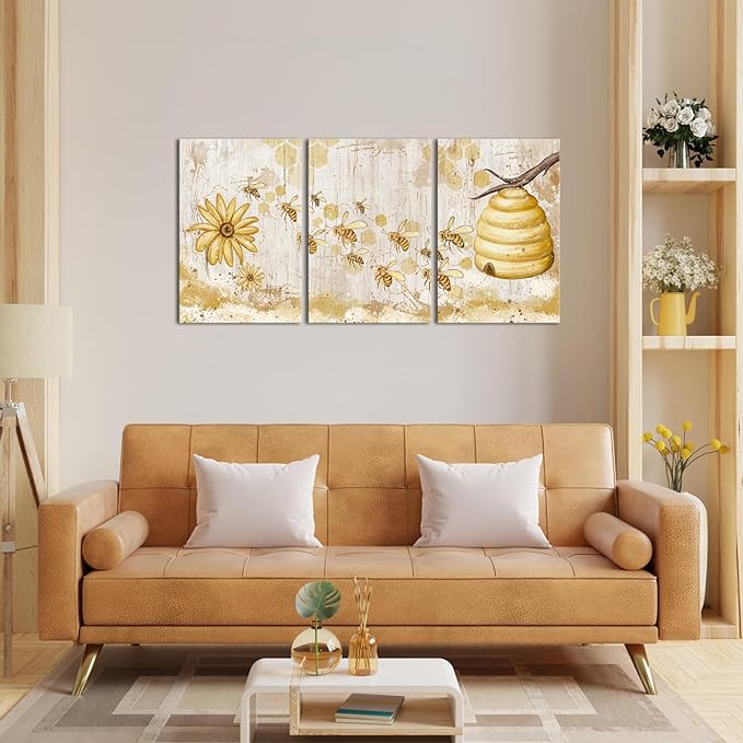 FuShvre Vintage Yellow Wall Art Honey Bee Canvas Painting Prints Kitchen Decor Bee and Flower Daisy Pictures for Famrhouse Wall Framed 16"x24" Each (Medium, White)