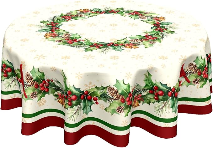 Christmas Holly Tablecloth Round 60 Inch Winter Red Birds Watercolor Leaves Decorative Table Cloth Christmas Holiday Round Table Cover Seasonal for Home Kitchen Dining Party Indoor Outdoor Decor