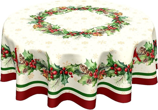 Christmas Holly Tablecloth Round 60 Inch Winter Red Birds Watercolor Leaves Decorative Table Cloth Christmas Holiday Round Table Cover Seasonal for Home Kitchen Dining Party Indoor Outdoor Decor