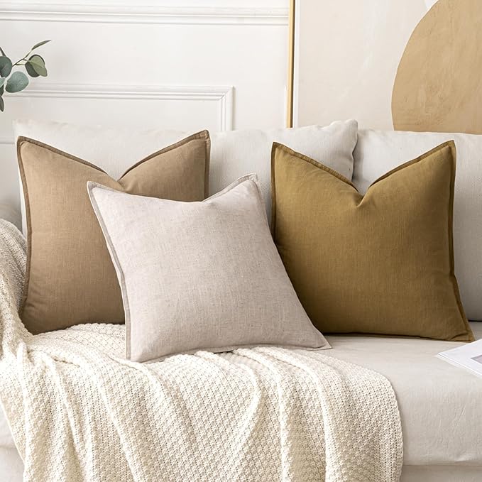 MIULEE Decorative Linen Pillow Covers 16x16 Inch Mustard Yellow Boho Farmhouse Neutral Couch Throw Pillows for Bed Pack of 2 Accent Modern Pillowcase Summer Sofa Livingroom Home Decor