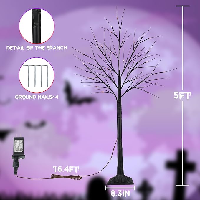 2Pack 5FT 200LED Black Halloween Tree with Lights, Timer Function with Higher Size Black Tree with Purple and Orange Lights, Spooky Light up Trees for Indoor Outdoor Party Garden Halloween Decorations