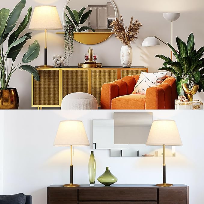 26.4" Living Room Modern Table Lamp Bedside Lamps for Bedroom 3-Color Temperatures Pull Chain Switch Nightstand Lamp for End Tables Wood Fabric for Home/Office/Desk Decor (Light Brown+Brass)