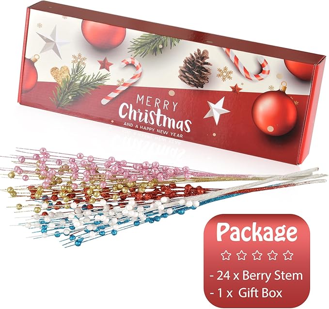 Christmas Artificial Glitter Berry Stem Decorations Decorative Bead Sticks Xmas Picks Glittery Twigs Branches for Christmas Tree Wreath Gift Vase Home Decor Party Ornaments Silver 24 PCS