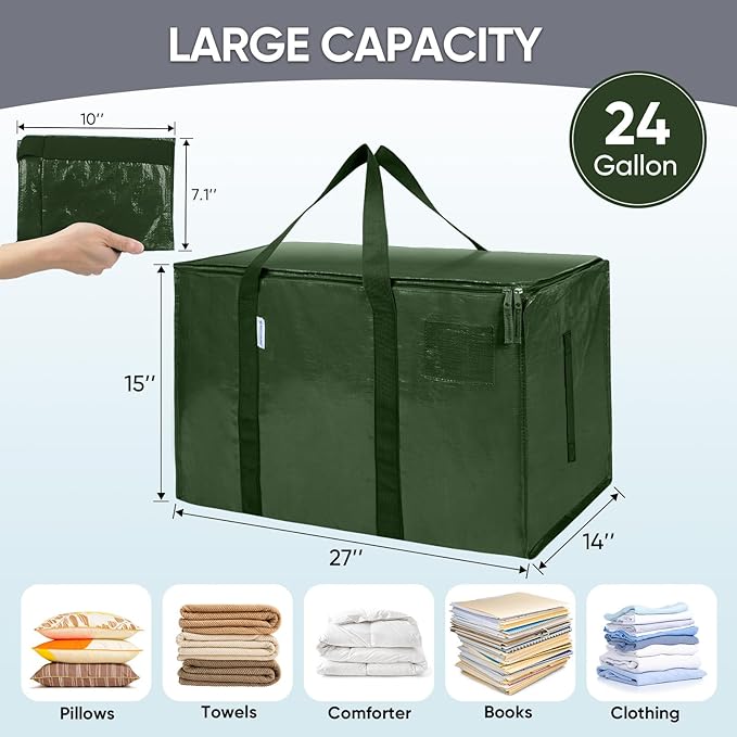 TICONN 8 Pack Extra Large Moving Bags with Zippers & Carrying Handles, Heavy-Duty Storage Tote Moving Boxes for Space Saving (8 Pack, Olive)