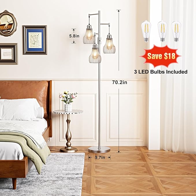 Dimmable Floor Lamp, 3 x 800LM LED Edison Bulbs Included, Farmhouse Industrial Floor Lamp Standing Tree Lamp with Elegant Cage Tall Lamps for Living Room Bedroom Office - Silver
