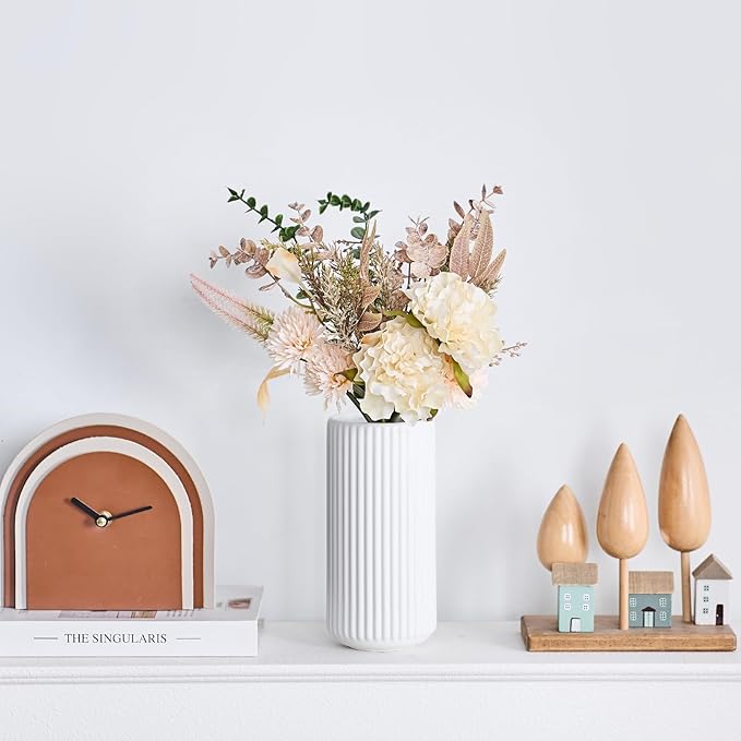 White Ceramic Flower Vase for Pampas Grass, 10 inch Large Decorative Centerpiece Ribbed Vase for Dining Table, Office Desktop, Shelf Bookshelf, Mantel, Entryway, Bathroom, Countertop, Farmhouse, Gift