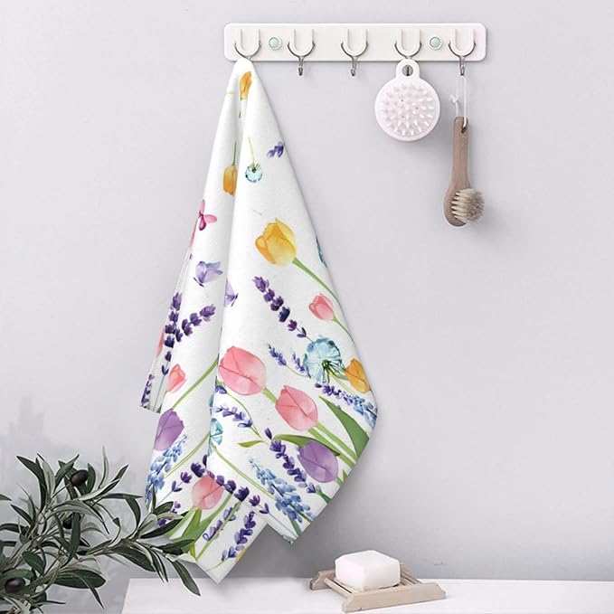 Seasonal Spring Summer Kitchen Towels Dish Towels Set of 2,Lavender Tulip Hand Towels 18x28 Inch Drying Dishcloth,Summer Holiday Dish Towels for Kitchen Bathroom Home Decor Housewarming Gifts