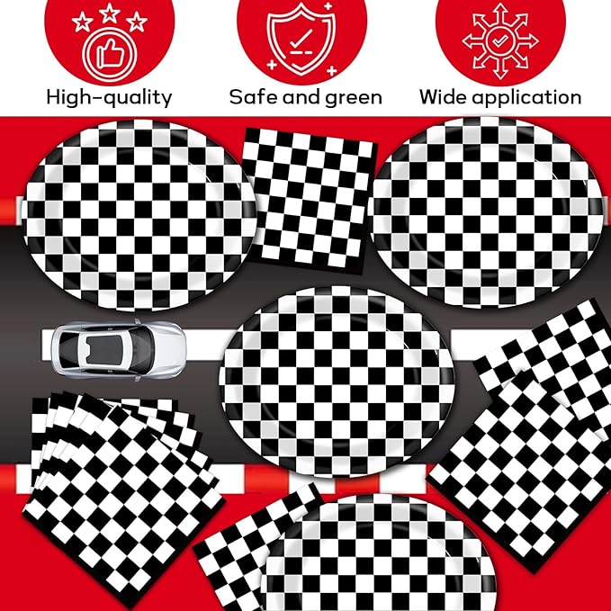 Racing Car Party Oval Paper Plates 11inch Black & White Checkered Flag Plates and Napkins, Dish Tray for Race Fans Birthday Party Supplies Dirt Bike Holiday BBQ Picnic Baby Shower Tableware, 25 Guest