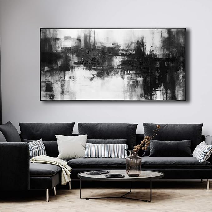 Abstract Wall Art Framed Home Artwork Decor Black and White Modern Minimalist Canvas Painting Living Room Decor for Bedroom Office Wall Decor 24"x48"