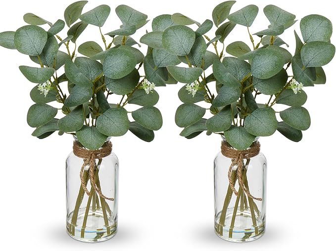 Briful Artificial Eucalyptus Stems in Glass Vase with Faux Water, 14" Fake Plant Eucalyptus Leaves for Home Farmhouse Wedding Centerpiece Bathroom Décor, 2 Packs