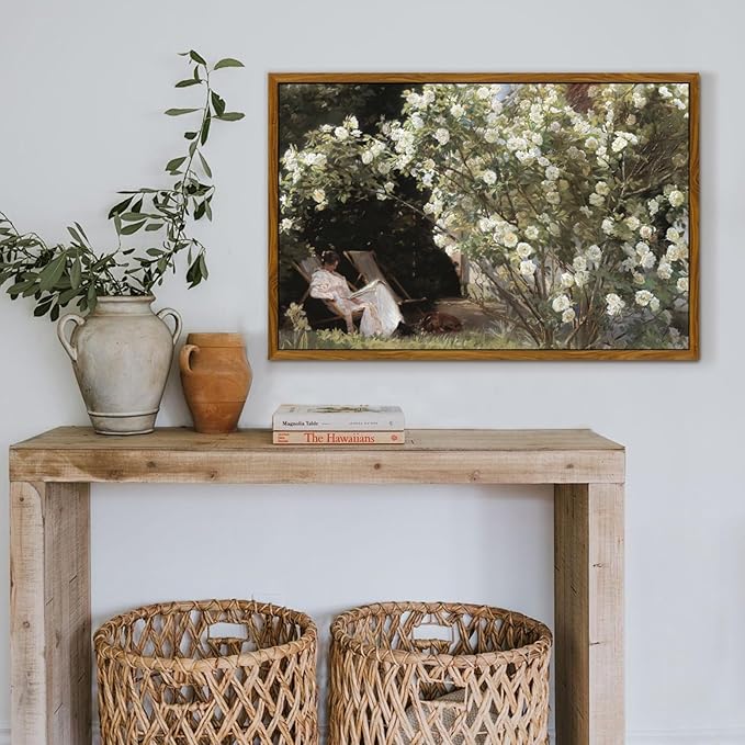 crmotu Framed Canvas Wall Art, Country Garden Landscape Large Artwork, Lady and Roses Vintage Art Prints, Retro Wall Paintings for Living Room Bedroom, Rustic Farmhouse Pictures 24x36in