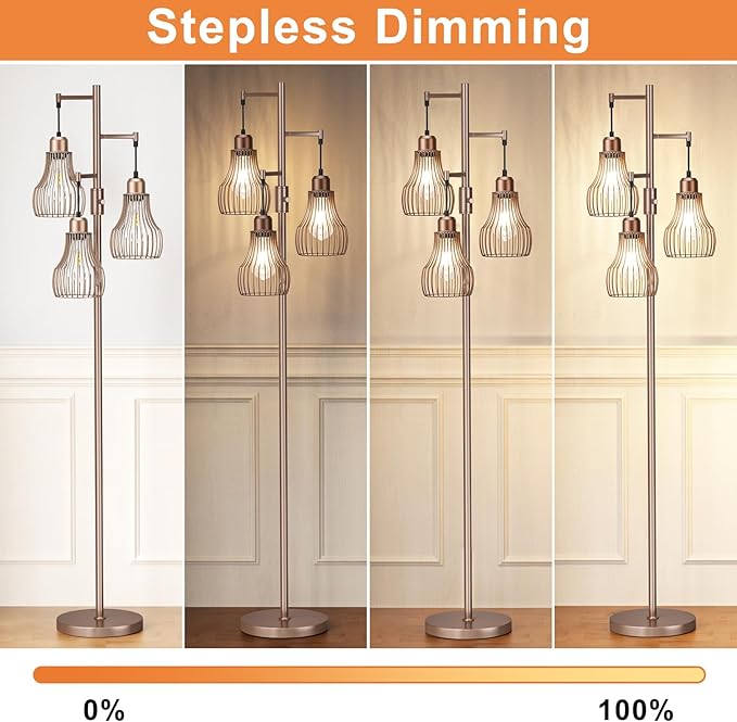 Dimmable Floor Lamps for Living Room, Industrial Tree Standing Tall Lamps with 3 Elegant Cage Shade & 800 Lumens LED Bulbs for Bedroom Office - Brown