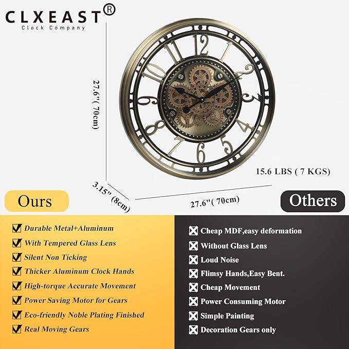 CLXEAST 28 Inch Large Moving Gear Wall Clock for Living Room Decor, Modern Farmhouse Wall Clock for Home Office,Brass Gold,House Warming Gifts New Home