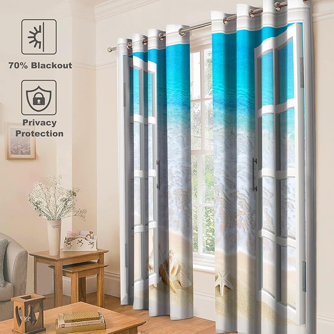 Jekeno Ocean Beach Blackout Curtains Tropical Scene Sea Waves Shell Starfish Conch View Through White Wooden Window Bedroom Living Room Decor Darkening Grommet Window Drapes 2 Panel Set, 52"x84"
