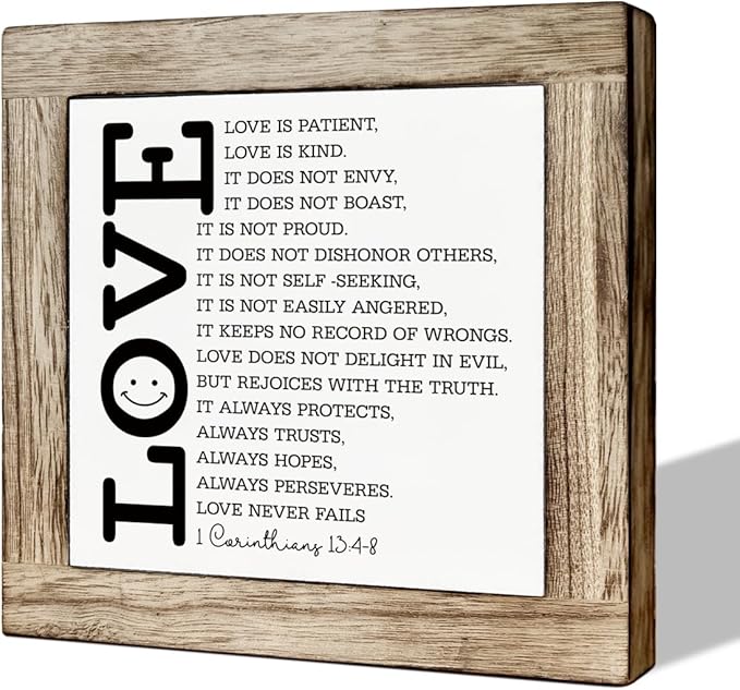 Loves Quote Wood Sign, Bible Verse Decor Art, Christian Home Decor for Living Room Bedroom, Couple Gift for Wedding Anniversary, Scripture Corinthians 13:4-8a Signs, Love is Patient Love is Kind Sign